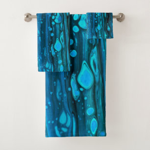 Blue Drops Acrylic Pouring Abstract Fluid Art   Bath Towel Set