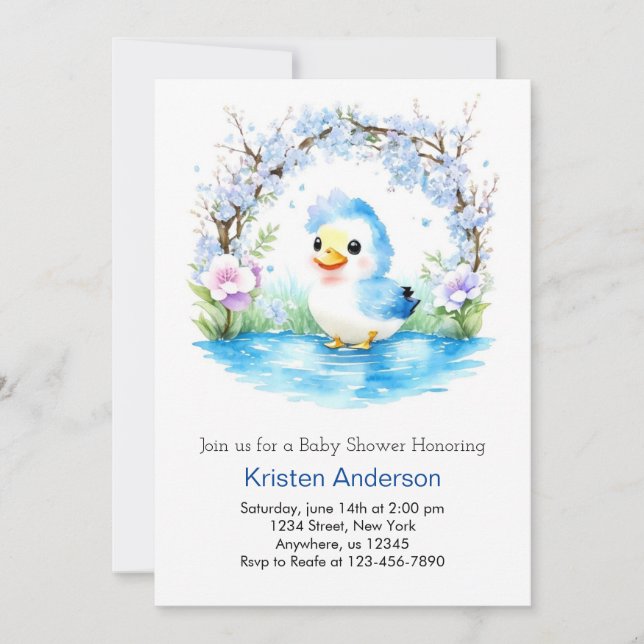 Blue Duckling Whimsical Watercolor Boy Baby Shower Invitation (Front)