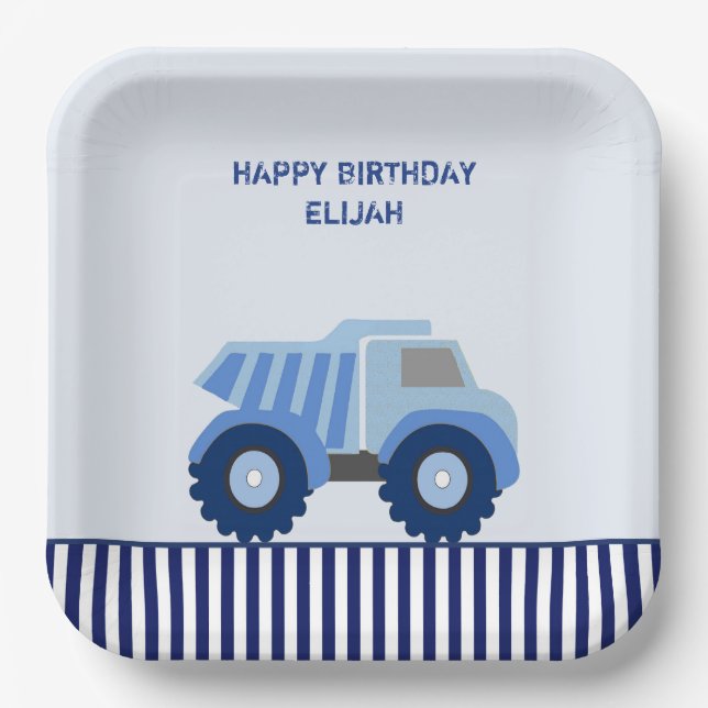 Blue Dump Truck Custom Kid's Birthday Paper Plates (Front)