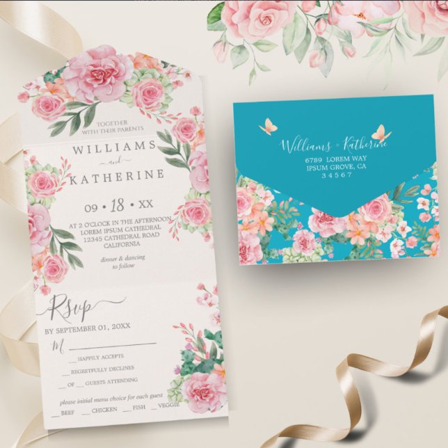  Blue Dusty Blush Pink & Peach Floral Wedding All In One Invitation (Creator Uploaded)