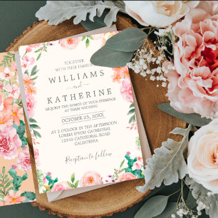Blue Dusty Blush Pink & Peach Floral Wedding Invitation