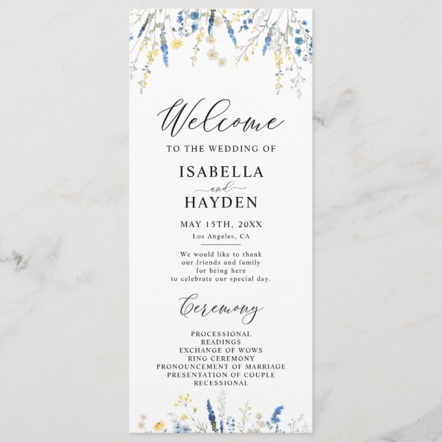 Blue Dusty Dainty Wild Floral Wedding Flat Program Programme (Front)