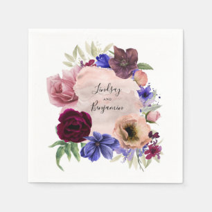 Blue Dusty Pink and Burgundy Floral Watercolor Napkin