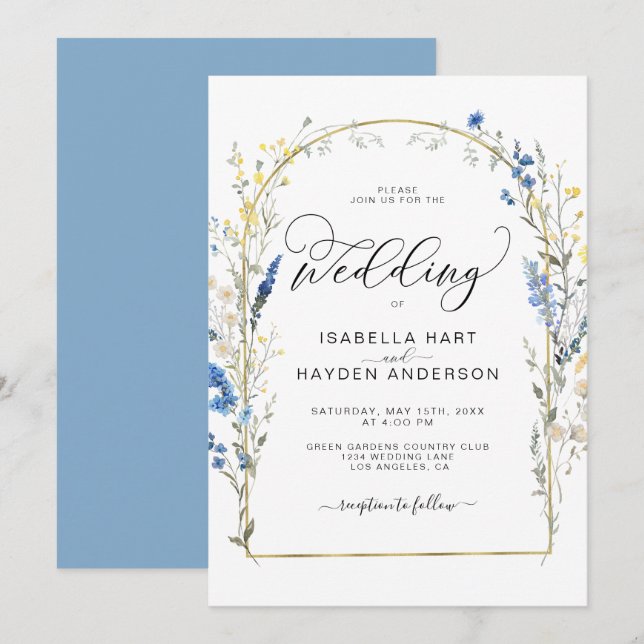 Blue Dusty Wild Flower Floral Gold Foil Wedding Invitation (Front/Back)