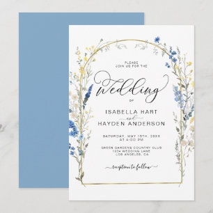 Blue Dusty Wild Flower Floral Gold Foil Wedding Invitation
