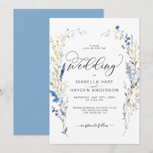 Blue Dusty Yellow Dainty Floral Botanical Wedding Invitation