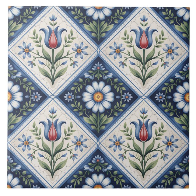 Blue Dutch Delft Pattern  Tile (Front)