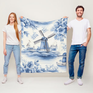 Blue Dutch Delft Windmill Watercolor Fleece Blanket