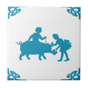 Blue Dutch Kids & Pig Delft Tile