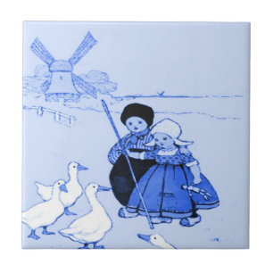 Blue Dutch Kids with Geese Tile