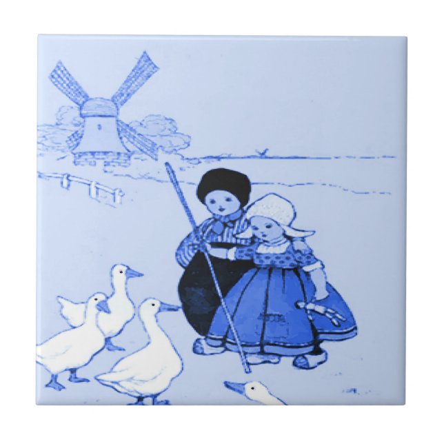 Blue Dutch Kids with Geese Tile (Front)
