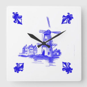 Blue Dutch Wind Mill Square Wall Clock