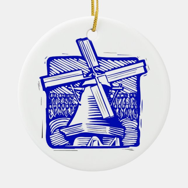 Blue Dutch Windmill Ceramic Tree Decoration (Front)
