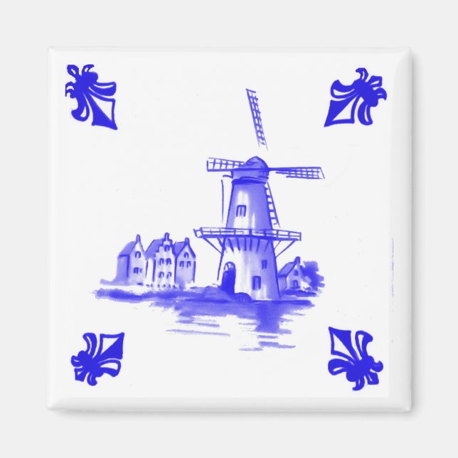 Blue Dutch Windmill Tile Delft look Magnet (Front)