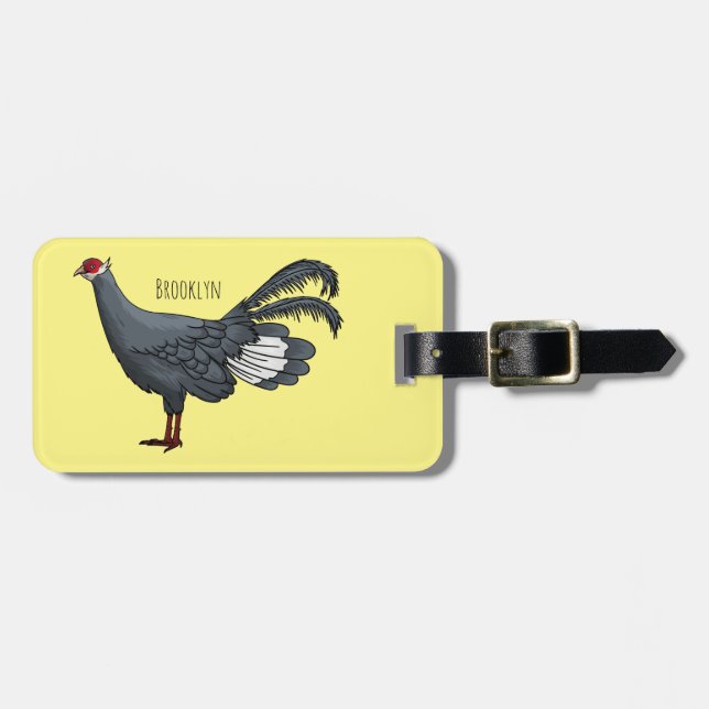 Blue eared pheasant bird cartoon illustration luggage tag (Front Horizontal)