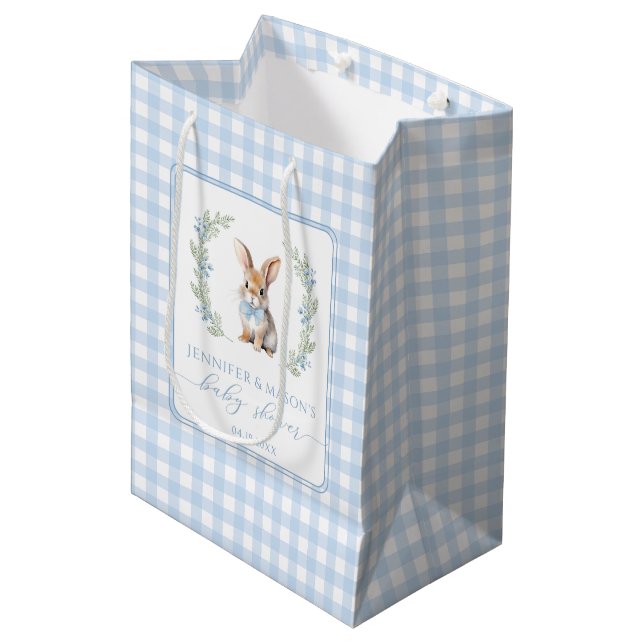 Blue Easter bunny baby shower thank you gift bags (Front Angled)
