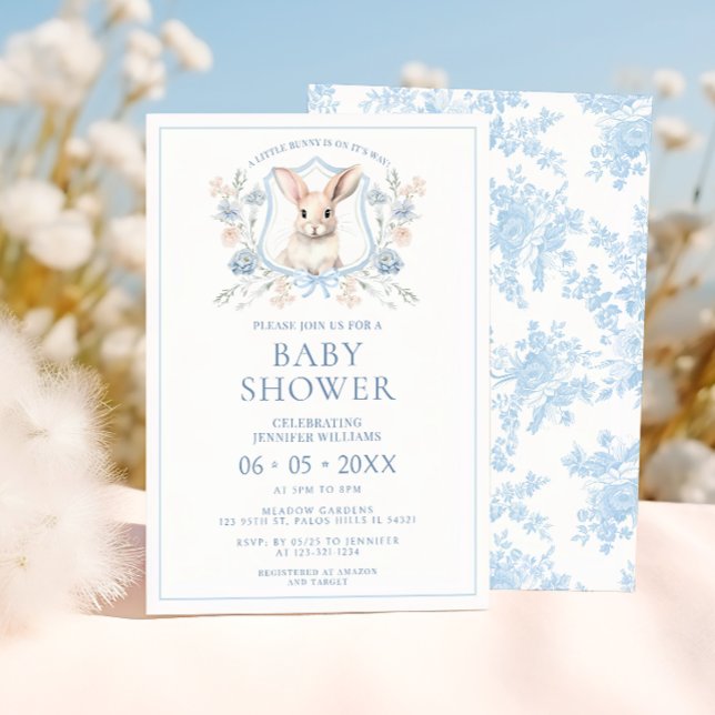 Blue Easter Bunny Crest Floral Baby Boy Shower Invitation (Creator Uploaded)