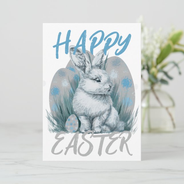 blue easter bunny holiday card (Standing Front)