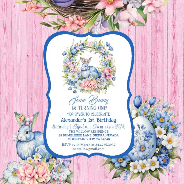 Blue Easter Bunny Pink Floral Wreath 1st Birthday  Invitation (Blue Easter Bunny Pink Floral Wreath 1st Birthday Invitation)