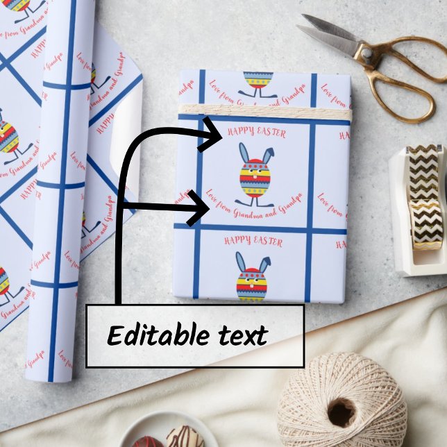 Blue easter egg bunny custom text wrapping paper (Add your own greetings)