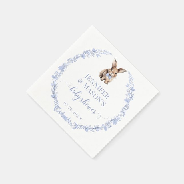 Blue Easter rabbit baby boy shower paper napkins (Corner)