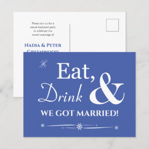 Blue Eat Drink We Got Married Retro Elopement Postcard