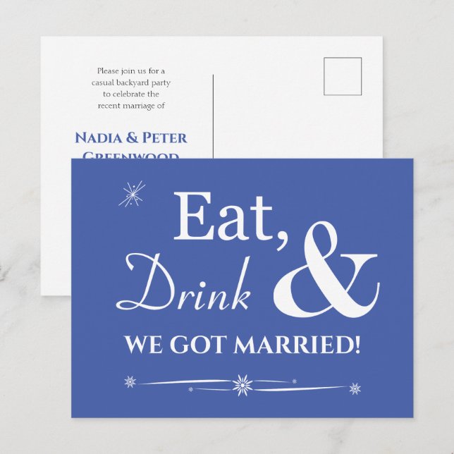 Blue Eat Drink We Got Married Retro Elopement Postcard (Front/Back)