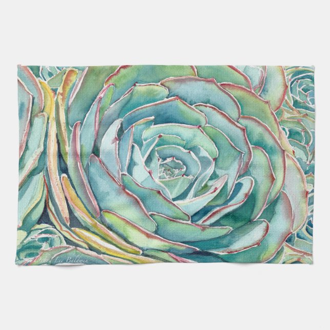 Blue Echeveria Succulent Kitchen Towel (Horizontal)