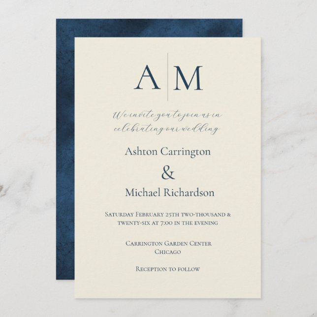 Blue Ecru Monogram Modern Wedding Invitation (Front/Back)