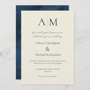 Blue Ecru Monogram Modern Wedding Invitation