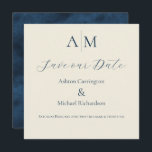 Blue Ecru Monogram Modern Wedding  Save The Date<br><div class="desc">Beautiful bride & groom monograms at the top of this beautiful wedding Save the Date card.  Ecru background with deep blue font to coordinate with the distressed blue back of this elegant invitation.  Absolutely stunning.</div>