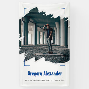 Blue Edgy Abstract Brushstroke Photo Graduation Banner