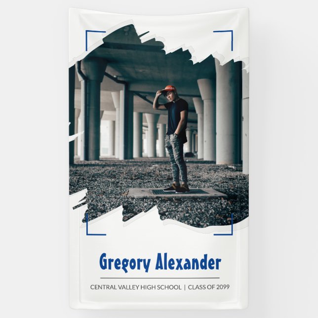 Blue Edgy Abstract Brushstroke Photo Graduation Banner (Vertical)