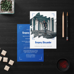 Blue Edgy Abstract Brushstroke Photo Graduation Invitation