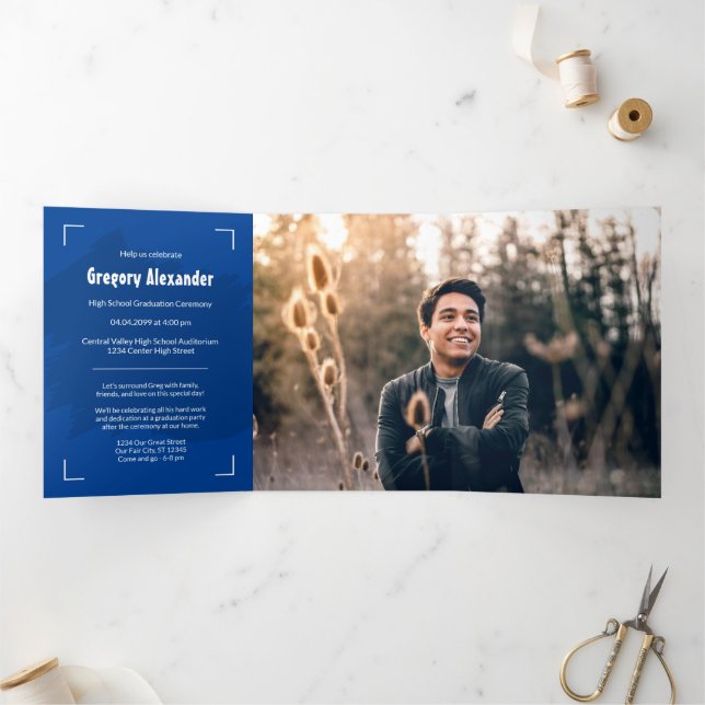 Blue Edgy Abstract Brushstroke Photo Graduation Tri-Fold Invitation (Inside)