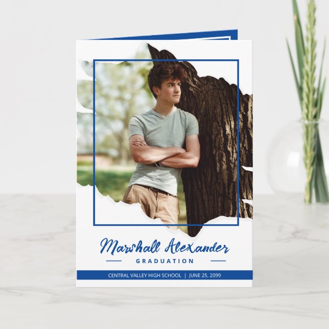 Blue Edgy Abstract Torn Photo Graduation Invitation (Front)