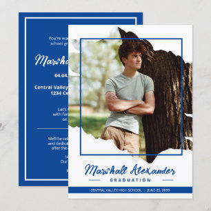 Blue Edgy Abstract Torn Photo Graduation Invitation