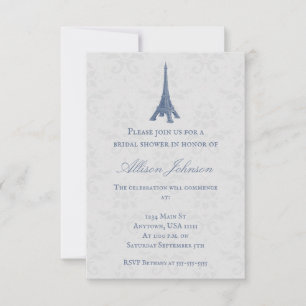 Blue Eiffel Tower Damask Bridal Shower Invite