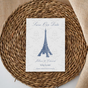 Blue Eiffel Tower Damask Save The Date Announcement