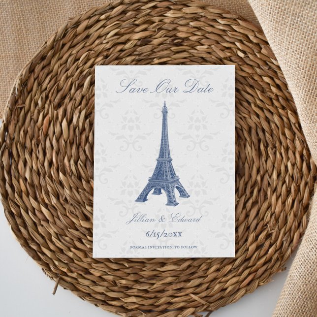 Blue Eiffel Tower Damask Save The Date Announcement (Blue Eiffel Tower Damask Save the Date)