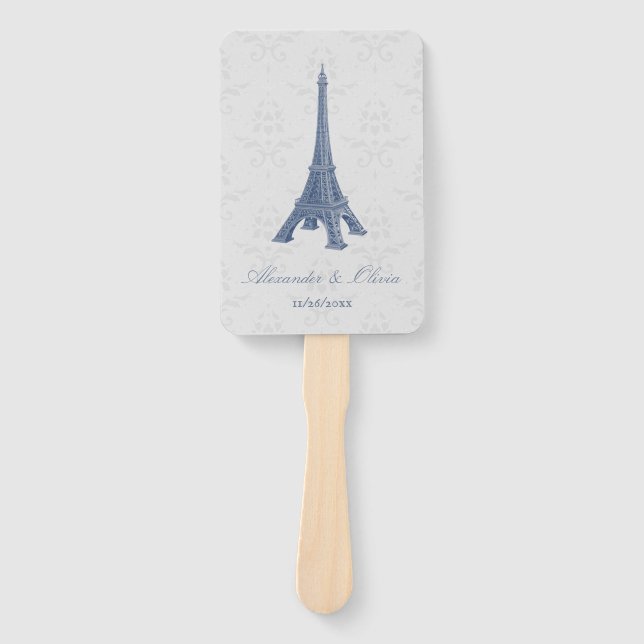 Blue Eiffel Tower Damask Wedding Favour Hand Fan (Front)