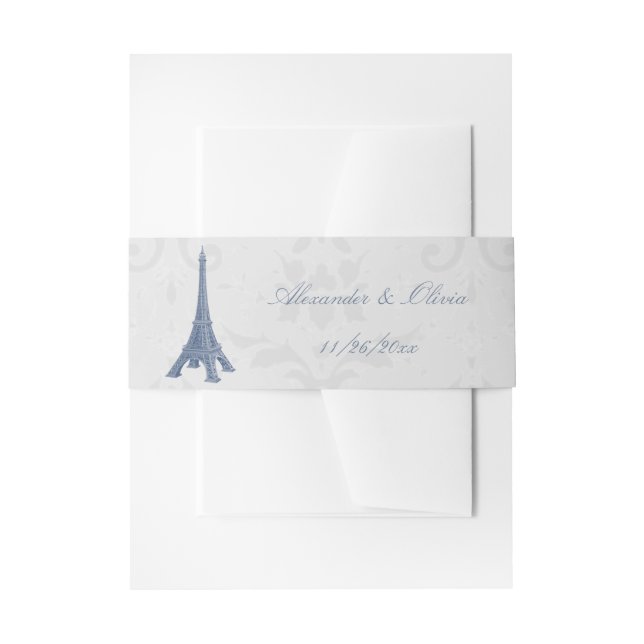 Blue Eiffel Tower Damask Wedding Invite Belly Band Invitation Belly Band (Front Example)
