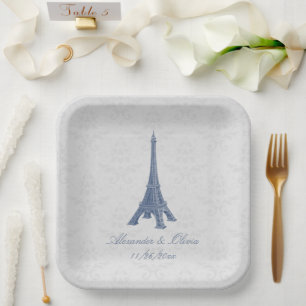 Blue Eiffel Tower Damask Wedding Shower Paper Plate