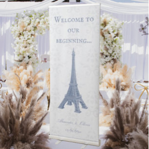 Blue Eiffel Tower Damask Wedding Welcome Banner