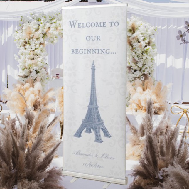 Blue Eiffel Tower Damask Wedding Welcome Banner (Blue Eiffel Tower Damask Wedding Welcome Banner)