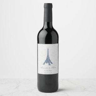 Blue Eiffel Tower Damask Wedding Wine Label
