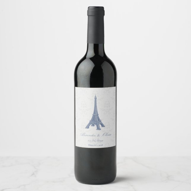 Blue Eiffel Tower Damask Wedding Wine Label (Front)