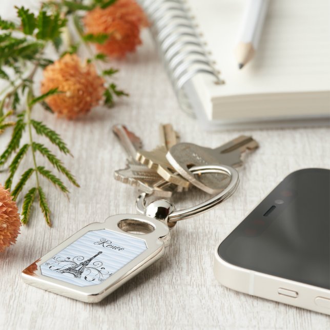 Blue Eiffel Tower Flourish Metal Keychain (Side)