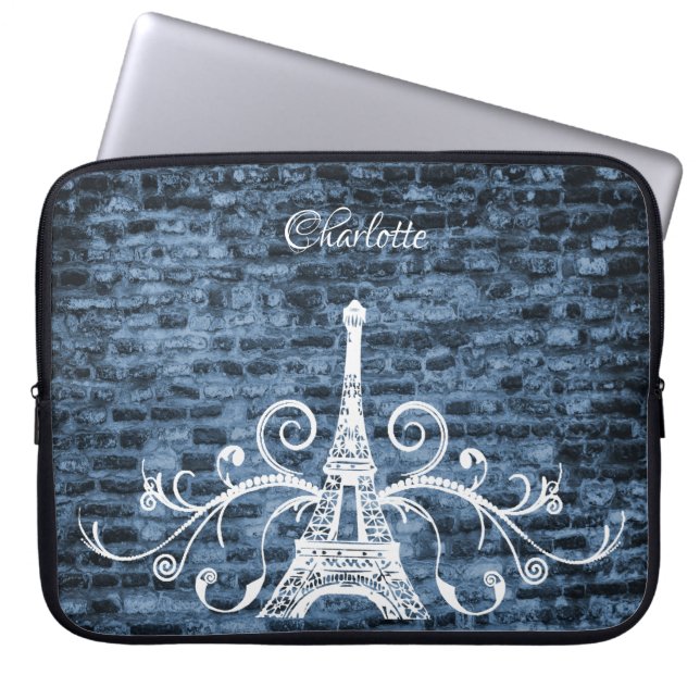 Blue Eiffel Tower Grunge Laptop Sleeve (Front)