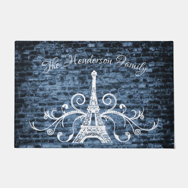 Blue Eiffel Tower Grunge Personalised Door Mat (Front)